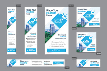 Blue Color Scheme with City Background Corporate Web Banner Template in multiple sizes. Easy to adapt to Brochure, Annual Report, Magazine, Poster, Corporate Advertising media, Flyer, Website.