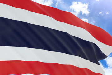 3D rendering of Thailand flag waving on blue sky background