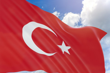 3D rendering of Turkey flag waving on blue sky background