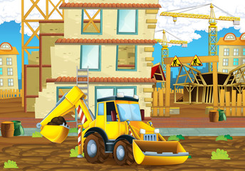 Obraz na płótnie Canvas cartoon scene of a construction site with heavy excavator - illustration for children