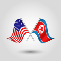 vector waving simple triangle two crossed american and korean flags on slanted silver pole - icon of united states of america and north korea
