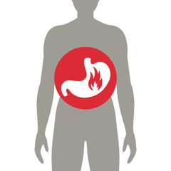 Vector Illustration of a Stomach with Fire. Heartburn Icon.