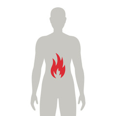 Vector Illustration of a Stomach with Fire. Heartburn Icon.