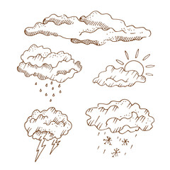 Hand drawn weather forecast icons. Different clouds set. Sketch, vector illustration.