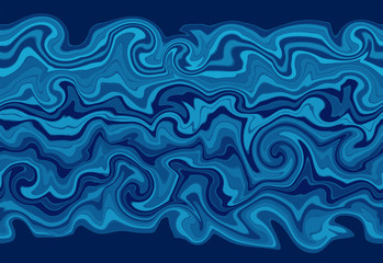 Abstract ink marbled background, repeating blue wavy border

