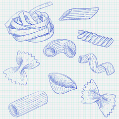 Pasta mix. Hand drawn sketch. Scattered single pieces