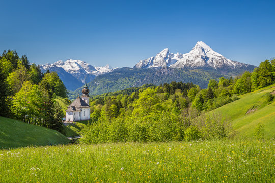 Church of Maria Gern with Watzmann mountain in springtime, Berchtesgadener Land, Bavaria, Germany