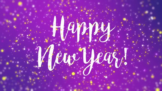 Sparkly Happy New Year greeting card video animation with handwritten text and colorful glitter particles flickering on purple background.