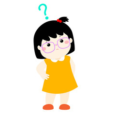 Little girl black hair wear glasses wondering cartoon character vector