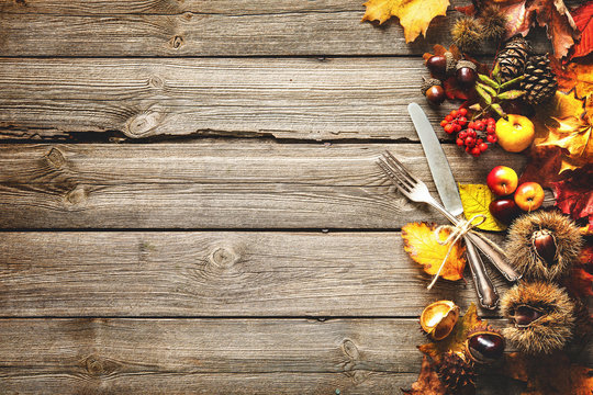 Thanksgiving autumn background with the vintage silverware