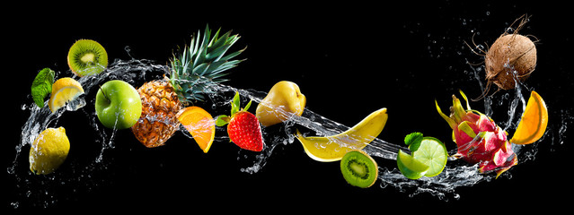 Fruits with water splash - obrazy, fototapety, plakaty