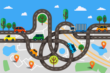 Colorful vector illustration in modern flat style, transportation concept. Winding roads with a lot of cars and truck on city map top view. Can used for web banners and info graphic.