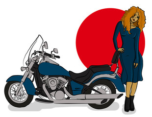 Fototapeta na wymiar A girl with long red hair dressed in a blue dress is standing next to a blue motorcycle eps 10 illustration