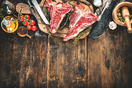 Raw dry aged t-bone steaks for grill