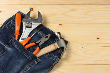 industrial tools on wooden background / tools texture / tools background