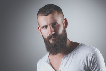 Portrait of handsome man standing, isolated on grey background