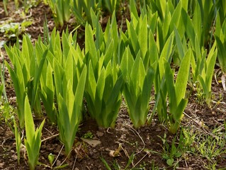 green leaves and sprouts of growing iris plants