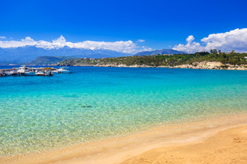 Beach at Marathi bay and the White Mountains on Crete, Greece