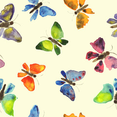 Hand drawing watercolor seamless pattern of butterflies on beige color background. Hand painting texture. Set of butterflies.