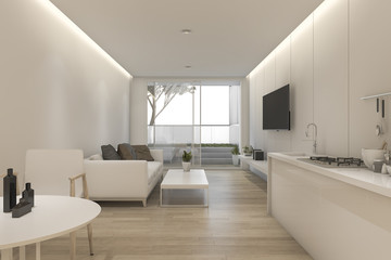 Fototapeta na wymiar 3d rendering minimal white living room and kitchen with decor