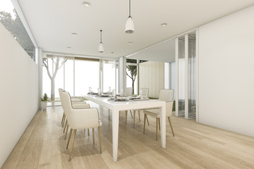3d rendering white minimal dining room with outdoor view