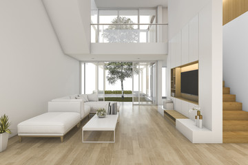 Fototapeta na wymiar 3d rendering white wood living room near stair and outdoor