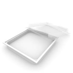 Empty plastic container with a transparent lid for food, confectionery products and other products. Isolated background
