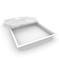 Empty plastic container with a transparent lid for food, confectionery products and other products. Isolated background