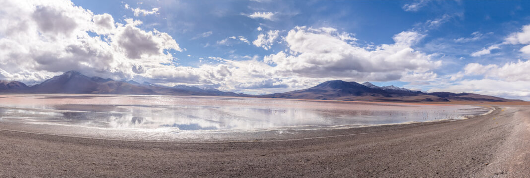 Panoramic view of Laguna Colorada (Red Lagoon) in Bolivean altiplano - Potosi Department, Bolivia