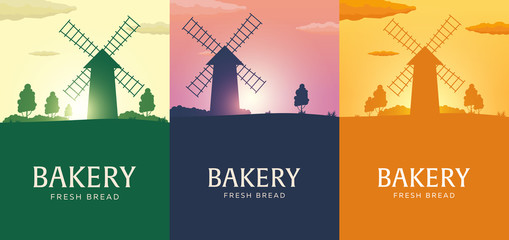 Poster Rural landscape with windmill. Sunrise. Bakery. Fresh bread. Vector illustration.