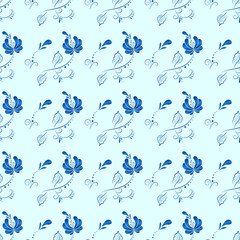 Blue floral textile vector seamless pattern in Russian gzhel style