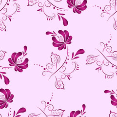 Fototapeta na wymiar pink floral textile vector seamless pattern in Russian gzhel style