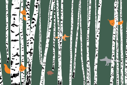 wild animals in a birch forest © Amili