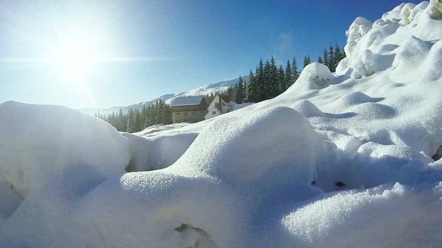 Snow snowdrifts in mountain village