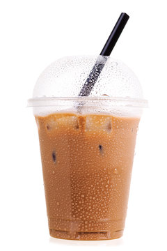 Iced Coffee In Takeaway Plastic Cup On White Background