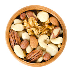 Raw mixed nuts in wooden bowl. Dried walnuts, hazelnuts, almonds, cashews, macadamia, Brazil and...