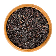 Organic black rice in wooden bowl. Also known as purple rice or pearl black. Oryza sativa. Rare...