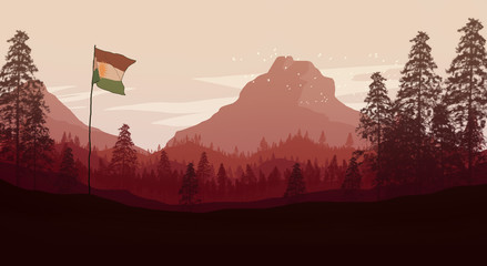 Kurdistan flag with forest and mountains in the background