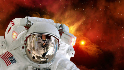 Astronaut sun planet spaceman helmet stars space suit galaxy universe. Elements of this image furnished by NASA. - 145467523