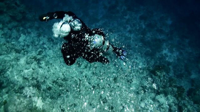 Group of scuba divers ascending on water surface in Egypt.