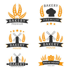 Set of Bakery shop emblem, labels, logo and design elements. Bread and wheat. Vector illustration.