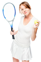 30 year old girl with a racket and a tennis ball on a white background