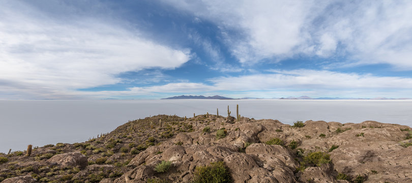 Panoramic view of Incahuasi Cactus Island in Salar de Uyuni salt flat - Potosi Department, Bolivia