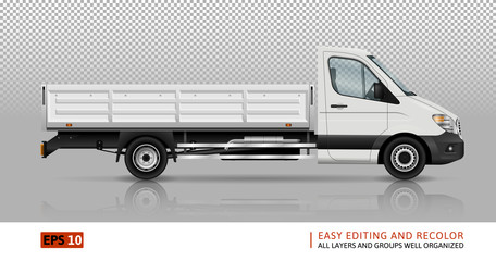 Flatbed truck template for car branding and advertising. Isolated lorry on white. All layers and groups well organized for easy editing and recolor. View from right side. © Yuri Schmidt