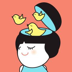 Girl Opens Head Free Mind Free bird Concept Card Character illustration