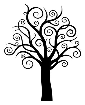 Black vector decorative silhouette of tree with swirly branches isolated on white background