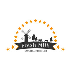Milk emblem, labels, logo and design elements. Fresh and natural milk. Milk farm. Cow milk. Vector logotype design.