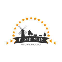 Naklejka premium Milk emblem, labels, logo and design elements. Fresh and natural milk. Milk farm. Cow milk. Vector logotype design.