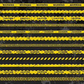 Grunge vector set of seamless caution tapes on dark background. Illustration consists of Warning, Danger, Caution tape with text and tapes without signs. Fully editable file for your projects.