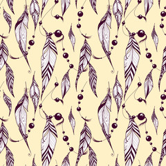 Fototapeta na wymiar Ethnic seamless pattern with feathers. Texture design for wallpapers, pattern fills, web page backgrounds